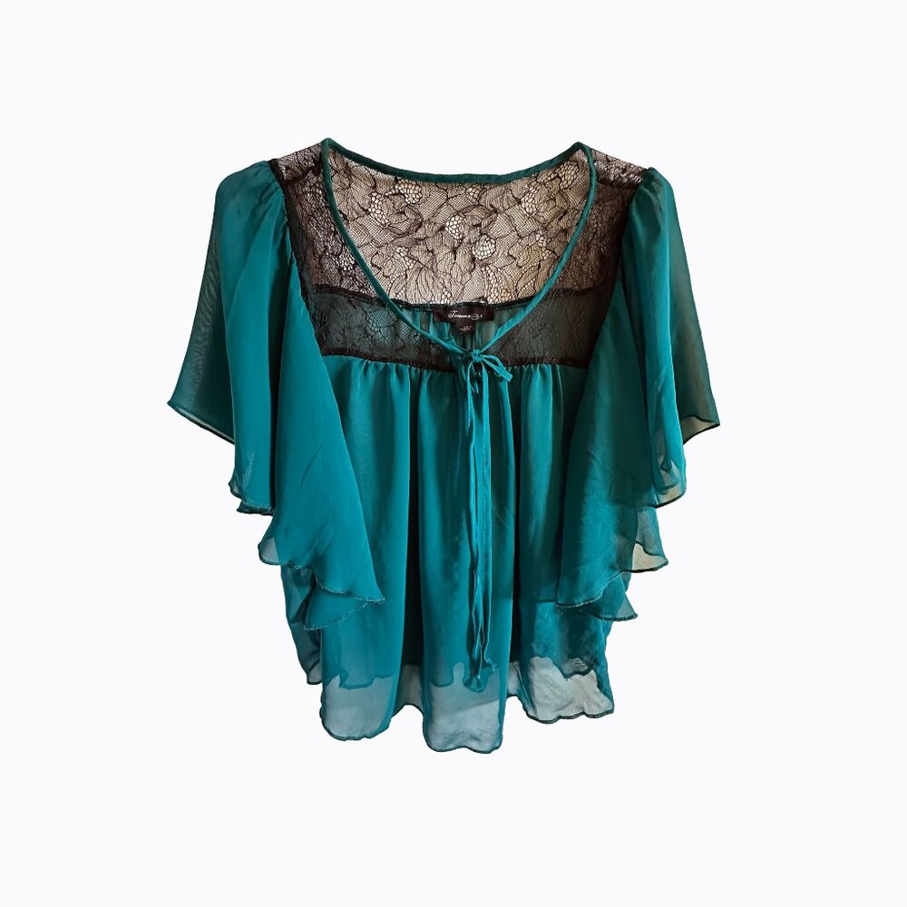 Sheer Flowy Teal Top Sz S Black Lace Butterfly Sleeve Scoop Neck Y2K Whimsigoth